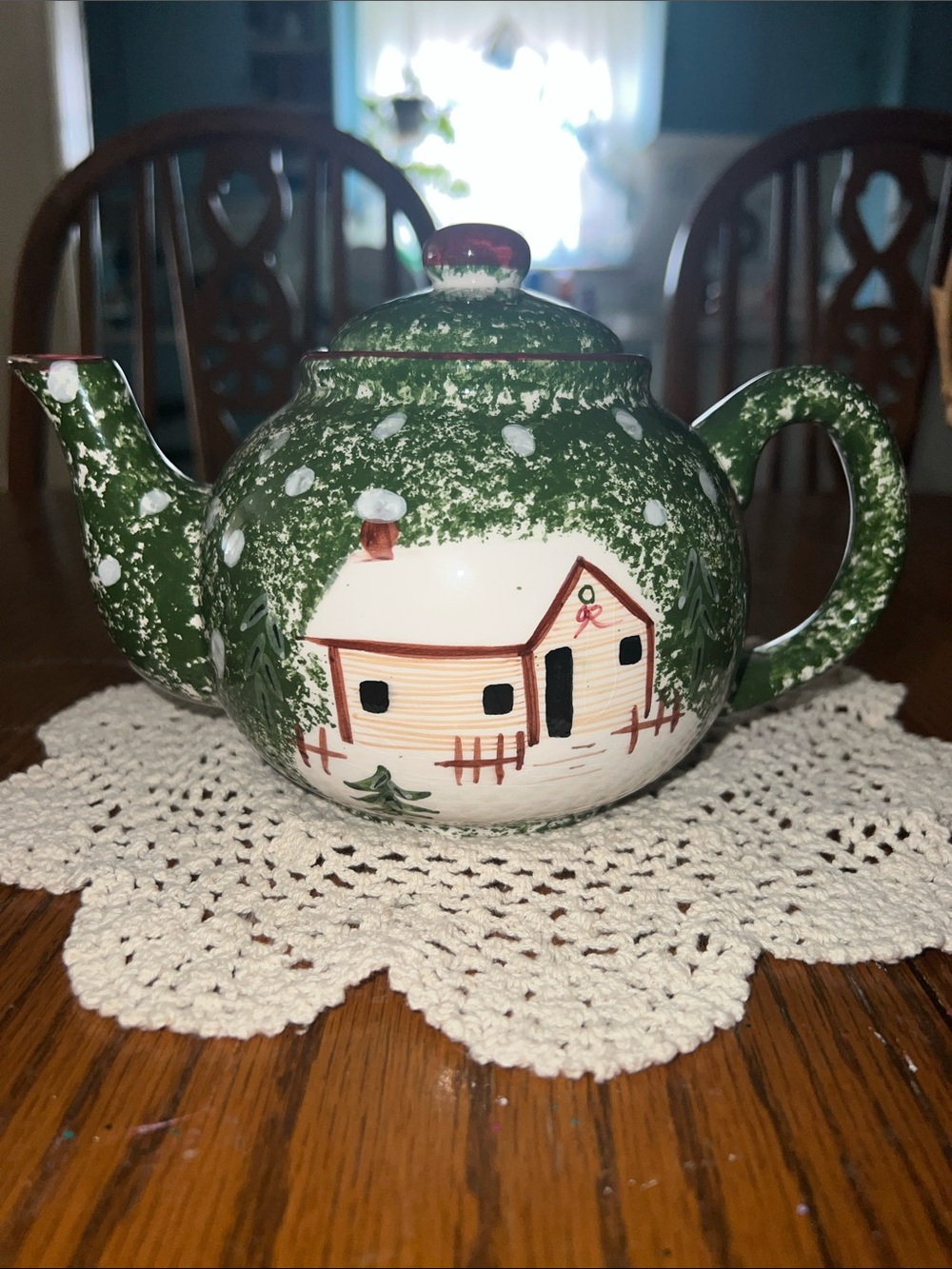 Green Snowflake Cottage Ceramic Teapot - Handpainted Home Art